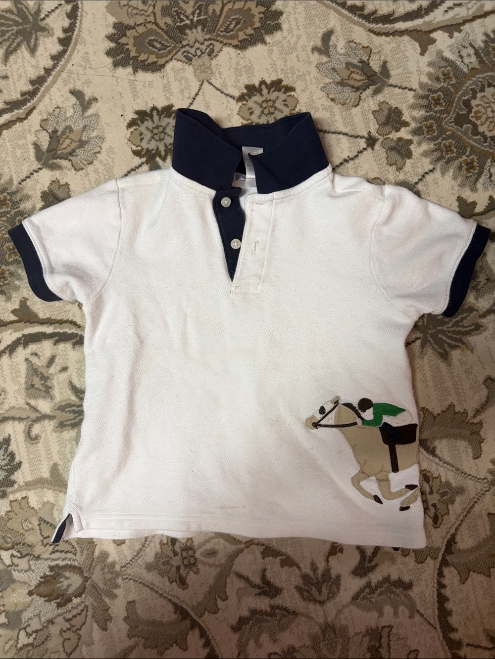 Janie and Jack White Polo with Navy Trim and Horse Embroidery